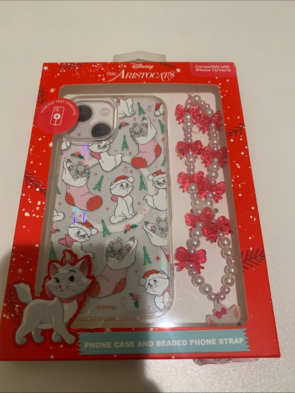 Disney The Aristocats Pink & White Cat Pattern Phone Case with Beaded Bow Strap